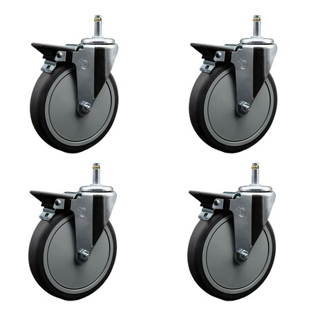 Service Caster 6'' Thermo Rubber Swivel 7/16'' Grip Ring Stem Caster Set with Brake, 4PK SCC-GR20S614-TPRB-PLB-716138-4